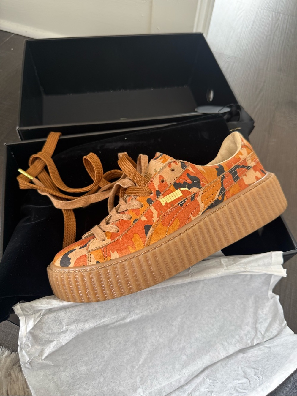 Puma Women's Orange Camo Platform Suede Sneakers Fenty